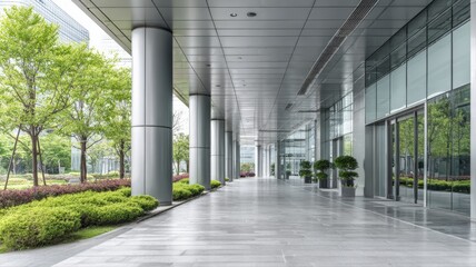 Naklejka premium Modern Building Exterior with Walkway, Landscaping, and Glass Facade for Commercial and Corporate Use