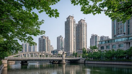 Fototapeta premium Urban Skyline Panorama with Tranquil Canal, Pedestrian Bridge and Green Foliage in Modern City
