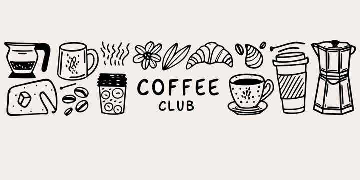 Hand drawn coffee elements and lettering forming a coffee club design