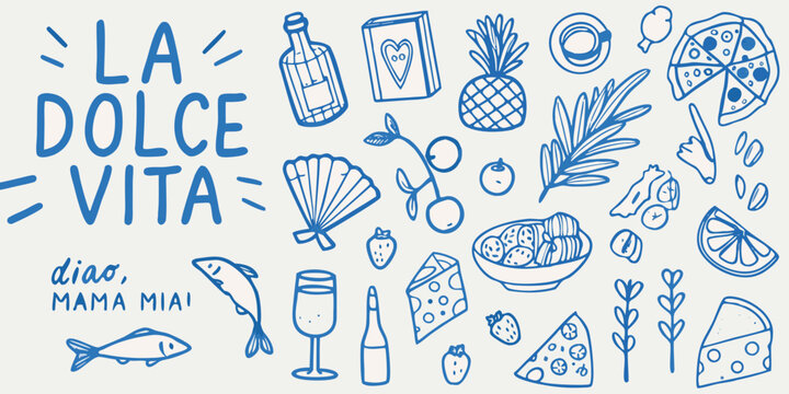 La Dolce Vita A blue line drawing featuring food fruit and italian elements
