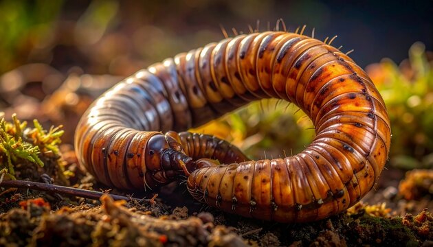 A large brown millipede curls on damp soil with moss and leaves in a natural environment.