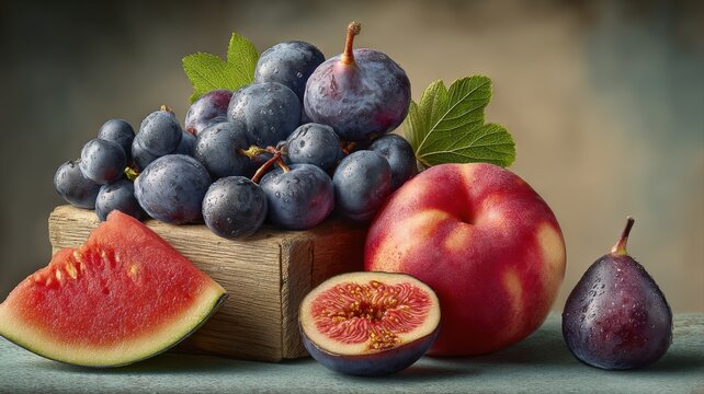 Autumn Harvest Still Life with Grapes, Figs, Peach, and Watermelon showcasing Seasonal Bounty