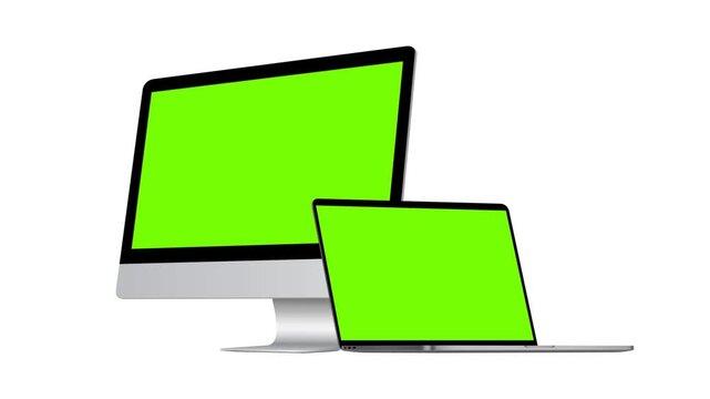 Desktop computer monitor and laptop mockup with green screens isolated on white background. Modern devices animation for website design presentation, UI layout showcase