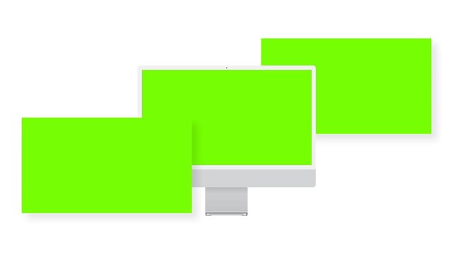 Modern desktop computer monitor mockup with multiple green screens isolated on white background. Animation for website presentation, UI showcase and online advertising design