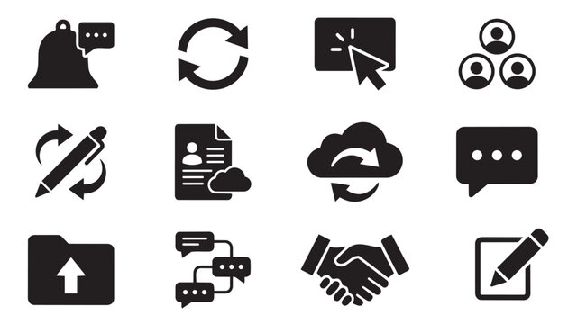 Bundle of communication and collaboration solid icons notification sync chat cloud handshake