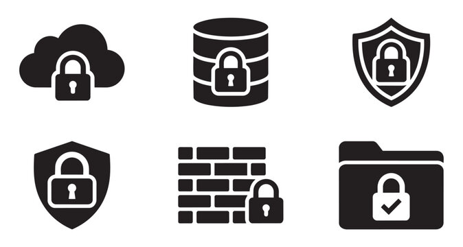 Set of cyber security protection icons cloud database shield firewall lock folder