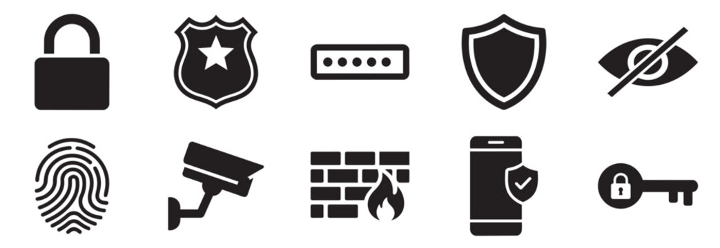 Bundle of cyber security protection solid icons lock shield password fingerprint cctv