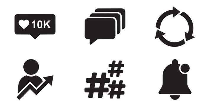 Collection of social media engagement icons like counter comments refresh hashtag notification