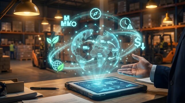 Glowing holographic delivery truck and globe icons representing AI global supply chain logistics