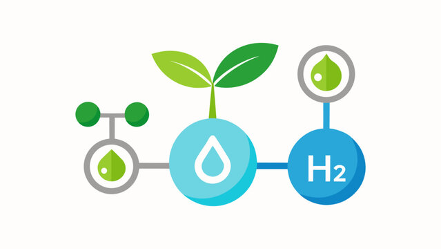 Green hydrogen energy concept with H2 molecule and plant leaves, flat vector illustration of sustainable renewable energy and eco-friendly technology on white background.