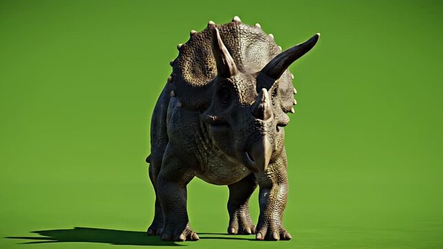 A realistic 3D animation of an extinct Triceratops dinosaur, showcasing one of the most iconic prehistoric animals on a plain green background