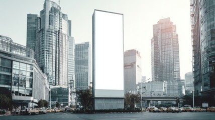 Fototapeta premium Blank Billboard in Urban Downtown Setting with High Rise Buildings Offering Advertising Space