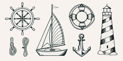 Nautical themed hand drawn illustration featuring a ship lighthouse and accessories © AnupKumar