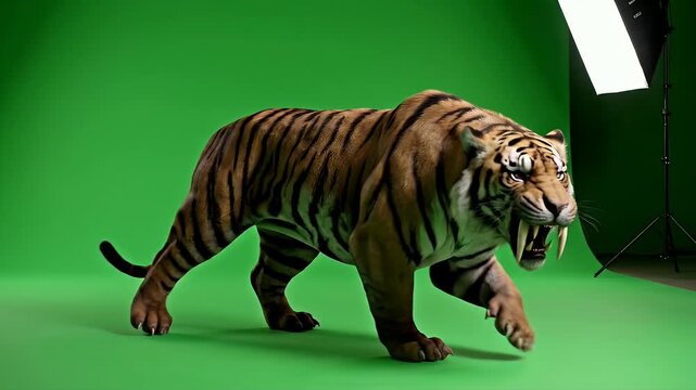 A realistic CGI depiction of an extinct saber-toothed tiger, a magnificent prehistoric animal, in a studio setting