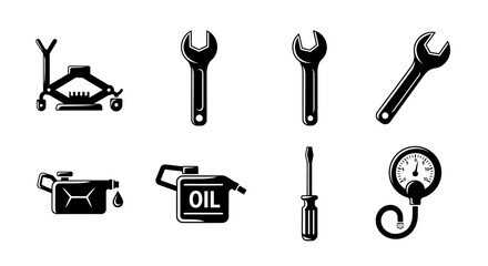 Obraz premium Car Repair Tools Icons Set: Jack, Wrenches, Oil Can, Screwdriver, Pressure Gauge