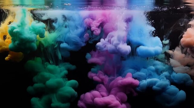 Ink colorful smoke with vibrant clouds and bubbles underwater, creating a mesmerizing effect with rainbow colors and liquid texture.