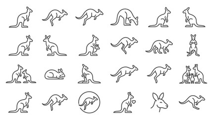 Fototapeta premium Kangaroo line art illustrations showcase various poses and actions in a natural setting.