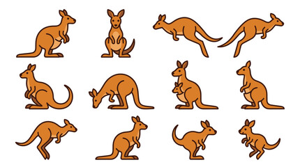 Obraz premium Kangaroo icons showcase various poses and movements in a digital illustration.