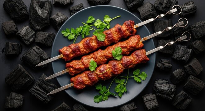 Grilled lula kebab on skewers with fresh cilantro on a dark plate surrounded by charcoal pieces