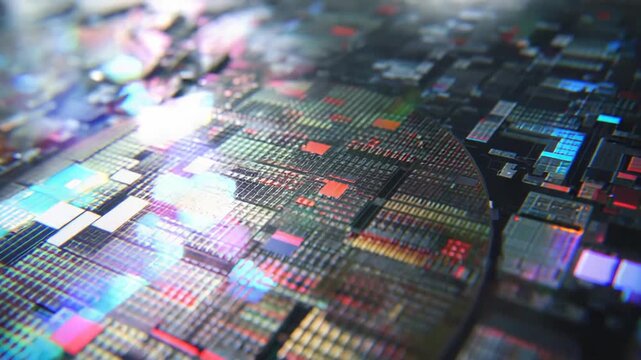 Silicon wafers featuring intricate microchip circuits and semiconductor patterns with vibrant light reflections, symbolizing advanced computing, data processing, and miniature technology