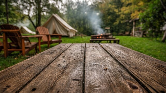 Rustic camping scene with blurred tents, wooden table in focus, idyllic outdoor living