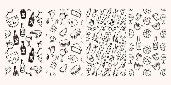Hand drawn doodles of wine cheese fruit and other food items