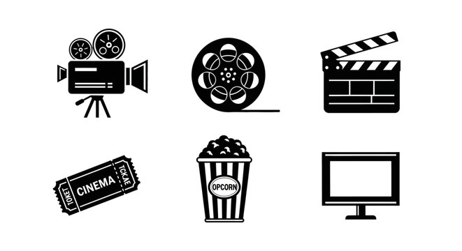 Cinema Icons: Camera, Film Reel, Clapperboard, Ticket, Popcorn, TV Screen