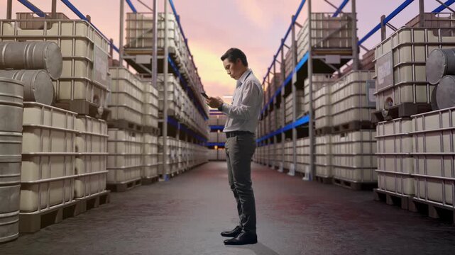 Full Body Side View Of An Asian Male Professional Worker Standing With His phone at Warehouse with Containers and Barrels, He Is Nodding His Head With Dissapionted