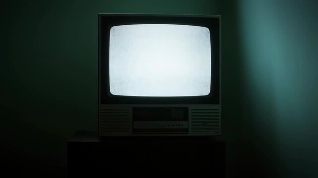 Television old analog with glowing screen and dark room ambiance, retro style featuring vintage, TV, nostalgic with classic and obsolete elements for