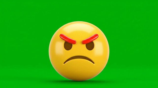 A displeased emoji with red eyebrows and a frown appears on green screen