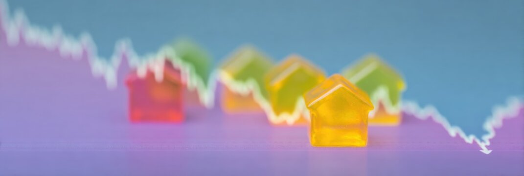 Miniature houses with falling stock market graph representing real estate price drop on a financial news interface, housing market crash and economy analysis