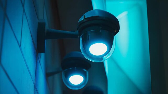 Security cameras mounted on a wall with glowing blue lights, providing constant monitoring and privacy protection through advanced technological equipment in a modern urban environment