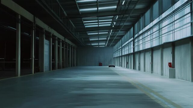 Spacious industrial building interior featuring a vast empty concrete floor, dock doors, and high ceilings, ideal for storage, distribution, and commercial lease