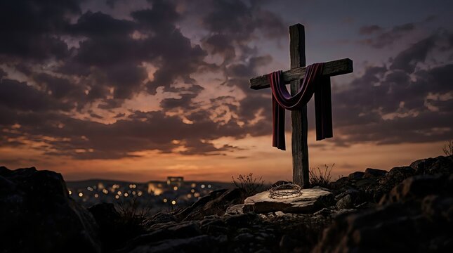 The crucifixion of Jesus Christ, divine sacrifice on Golgotha hill, symbolic crown of thorns, draped cross, dramatic twilight, spiritual devotion, sacred biblical scene, ancient religious history