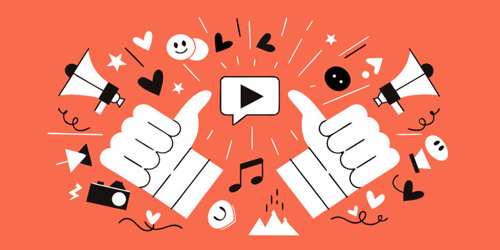 Broadcast success hands giving thumbs up around a play button