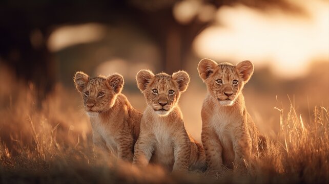 Three lion cubs sitting in golden light, portrait of adorable feline siblings in african landscape