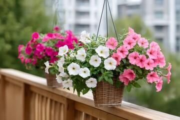 Fototapeta premium Petunias blooming in hanging baskets on urban balcony railing