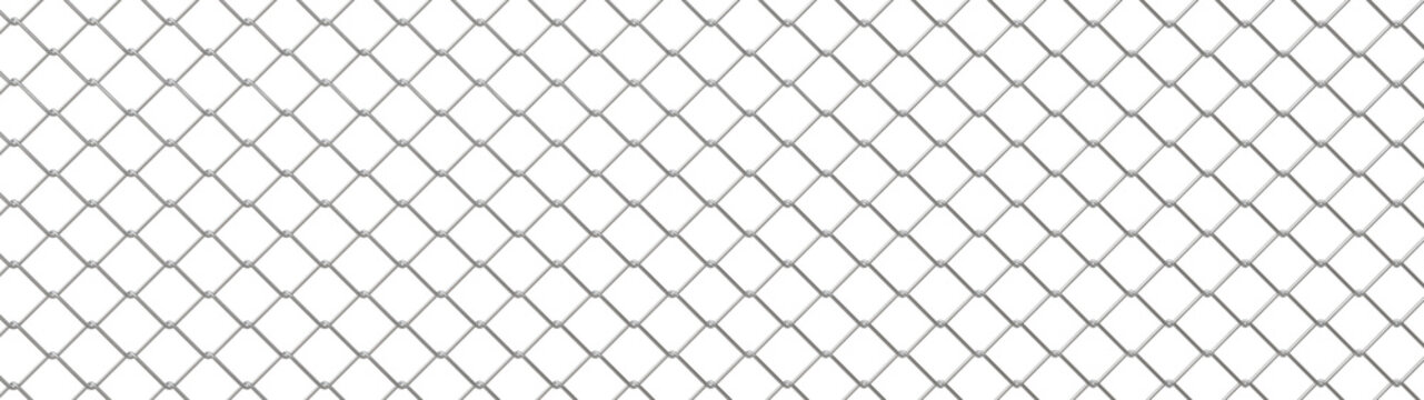 3D realistic chain-link fence with metal poles on blue background, Industrial wire mesh security barrier isolated on blue backdrop