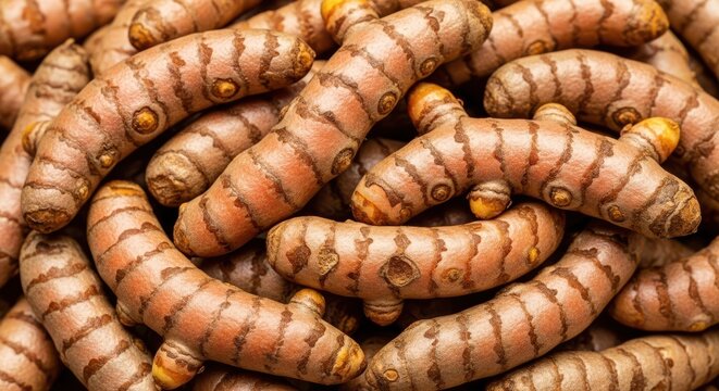 Closeup of fresh organic turmeric roots piled together, raw turmeric rhizomes background