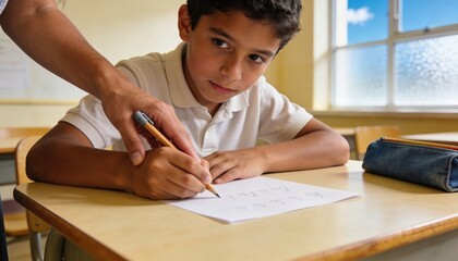 Left-handed school boy learning to write with teacher guidance in a classroom setting, inclusive education concept for school advertising and penmanship training