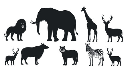 Fototapeta premium Black silhouettes of various wild animals on white background including lion elephant giraffe deer zebra and more for nature and wildlife designs