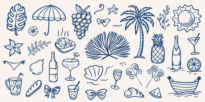 Blue line art illustration featuring summer themed objects and tropical elements