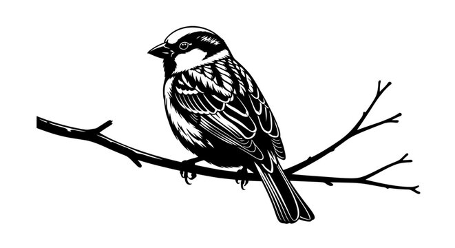 Detailed illustration of a small bird perched on a bare tree branch in a minimalist black and white design