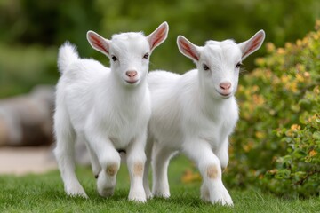 Obraz premium Two adorable baby white goats standing on grass