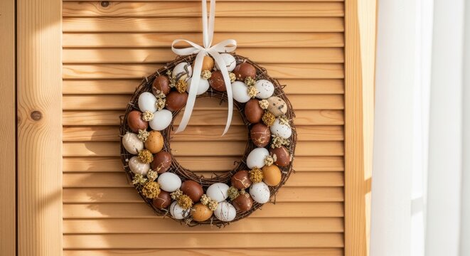 Easter wreath decorated with brown and white eggs and small flowers hanging on a wooden wall