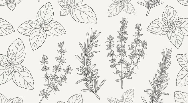Seamless Pattern of Hand Drawn Culinary Herbs and Spices
