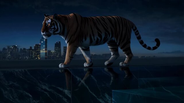 Tiger walking alone on a reflective surface with cityscape background at night featuring wildlife, animal, orange with black and white elements for