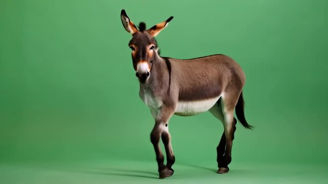 Donkey dancing on green screen with energetic movements and funny expression featuring animal, mammal, burro with ass and Equus asinus elements for