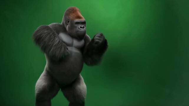 Gorilla dancing with arms outstretched on green background in studio video featuring animal, mammal, primate with ape and simian elements for