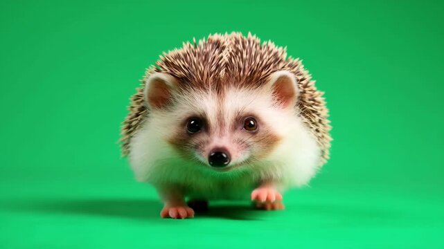 Hedgehog with white and brown spikes on green background looking forward featuring animal, mammal, prickly with spiky and studio elements for video,